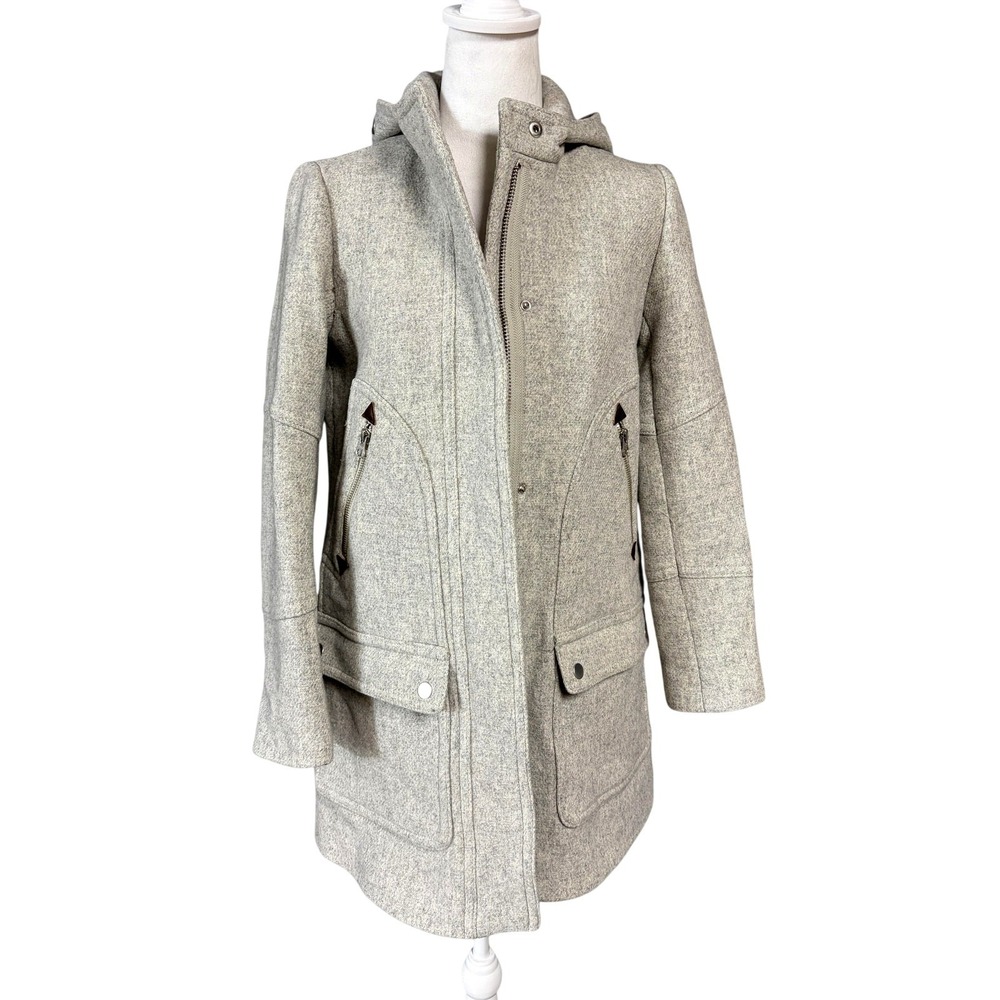 J Crew Stadium Cloth Parka Coat Womens 2 Gray Hooded Wool Zip B3901